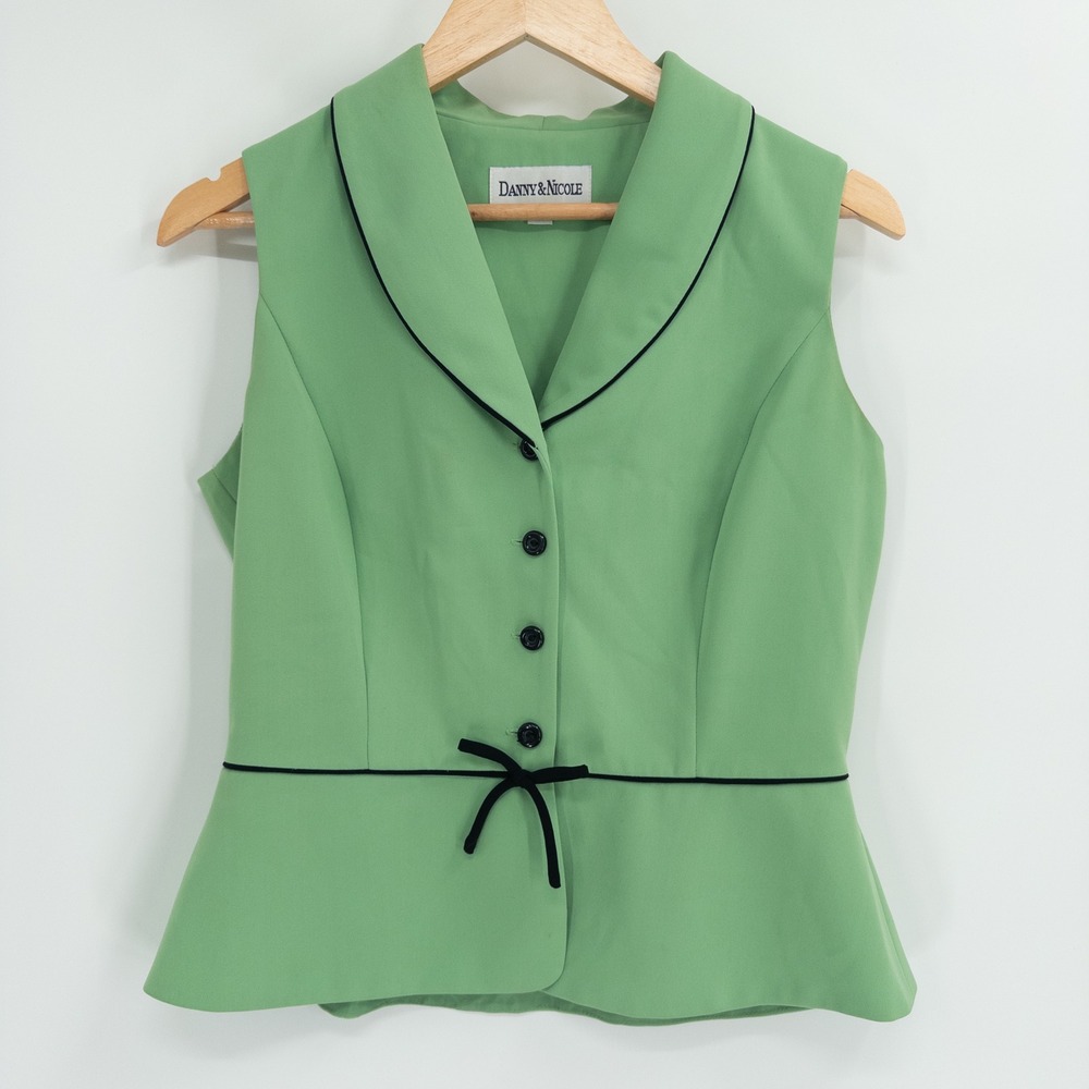 Vintage Twee Vest Top Women 10P Green 90s Office Peplum Retro Preppy Mod Cute